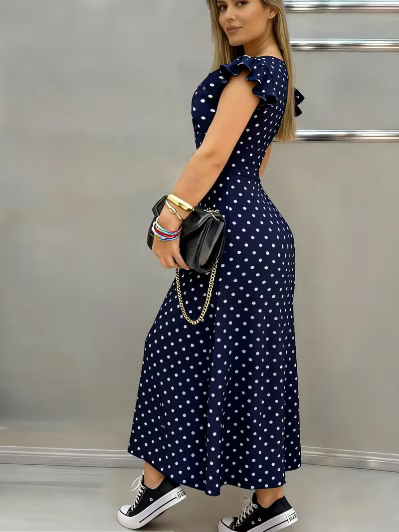 Vestido Longo Poá com Decote V Elegante e Caimento Fluido