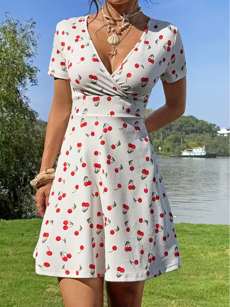 Vestido Curto Evasê Feminino com Estampa de Cereja