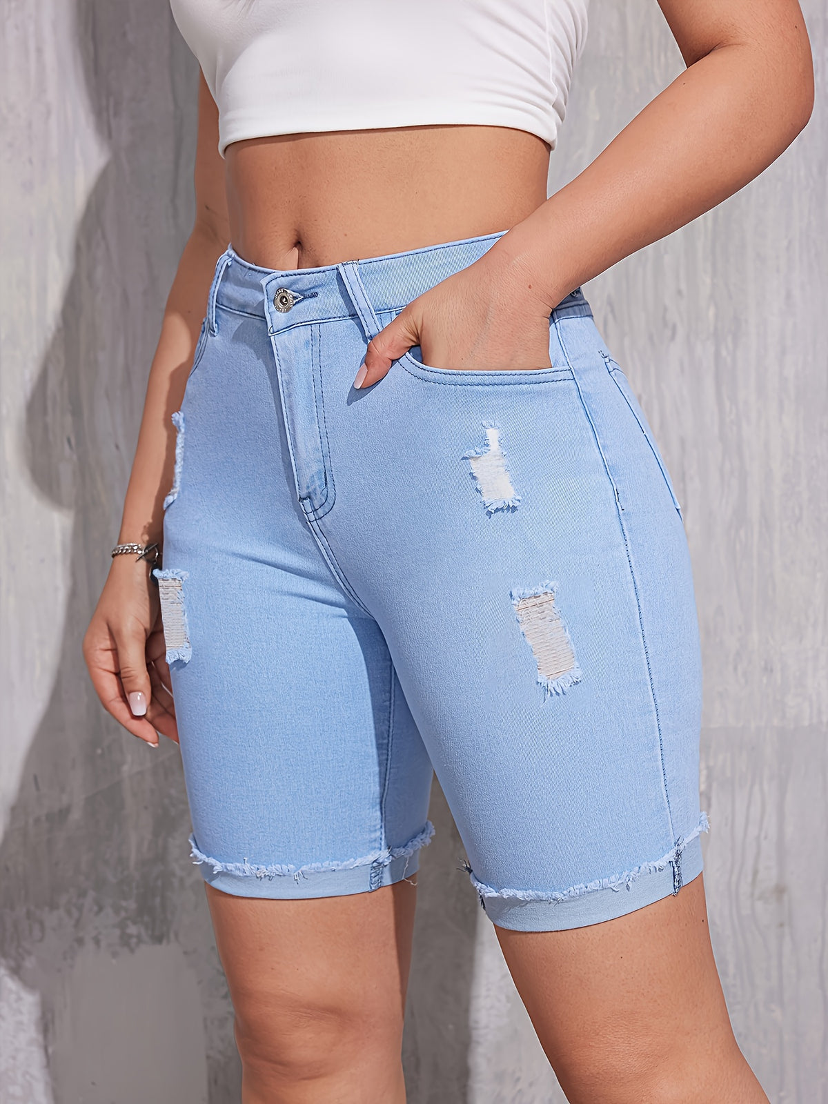 Bermuda Jeans Feminina Cintura Alta Destroyed Rasgada