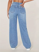 Calça Jeans Feminina Wide Leg Cintura Alta Destroyed Azul Claro