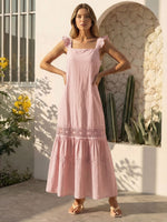 Vestido Longo Feminino de Alça com Decote Quadrado e Saia em Camadas