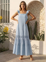 Vestido Longo Feminino de Alça com Decote Quadrado e Saia em Camadas