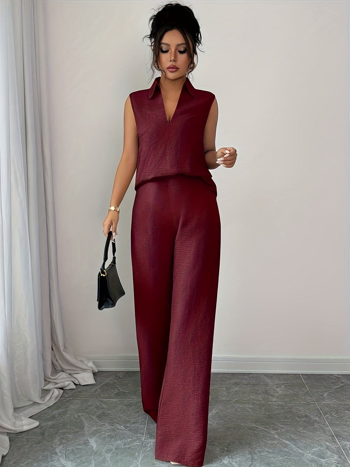 Conjunto Feminino 2 Peças em Tecido Texturizado com Calça Pantalona