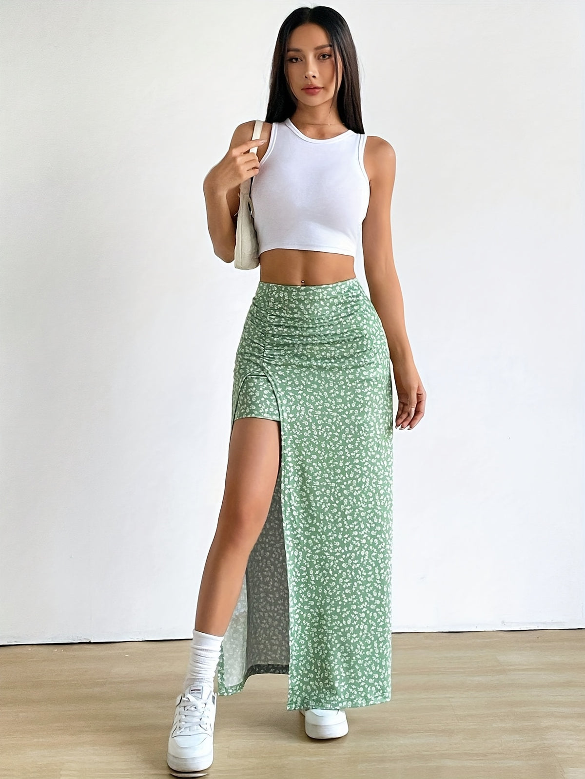 Saia Longa Floral Feminina com Fenda Lateral