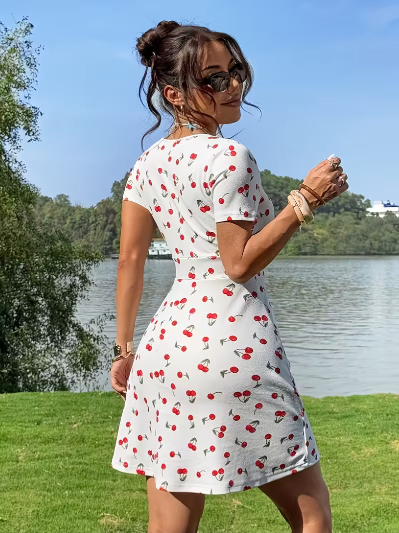 Vestido Curto Evasê Feminino com Estampa de Cereja