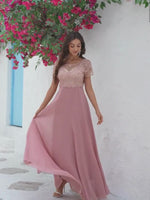Vestido Chiffon Floral Bordado com Saia Flutuante para Festa