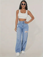 Calça Jeans Feminina Wide Leg Cintura Alta Destroyed Azul Claro